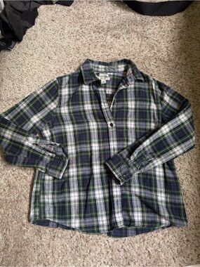 L.L. Bean Green, Navy & White Plaid Flannel Button-Down Shirt